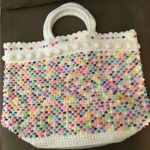 Vintage white hand crocheted bead tote handbag M-L size Reversible Color Unique